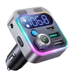 Bluetooth 5.3 FM Transmitter & 4-Port USB Car Charger – 48W PD + QC3.0 Fast Charging Adapter with Hi-Fi Bass, Dual Mics & Hands-Free Calling